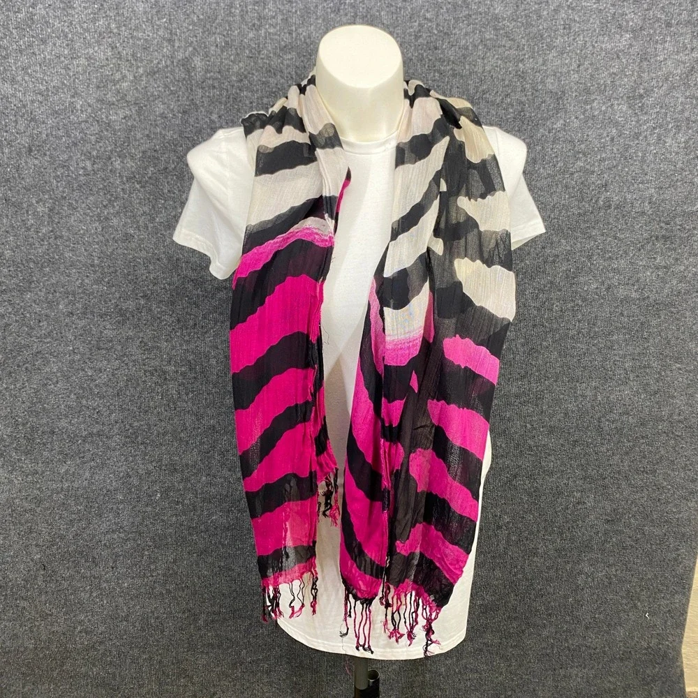 Pink Black White Zebra Print Scarf Lightweight Fringed Tassel Oblong Wrap